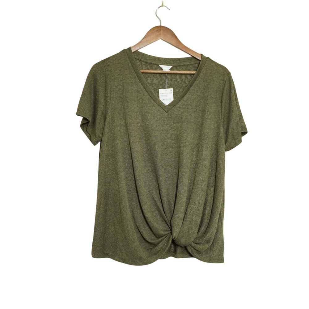 Caslon Olive Sarma Green V-Neck Twist Front T-Shirt Size L Lightweight Casual
